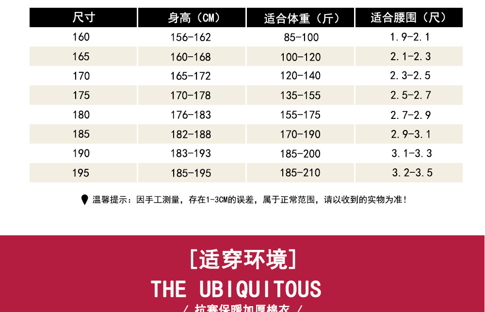 冬季棉服sym001尺碼表 冬季棉服sym001尺碼表